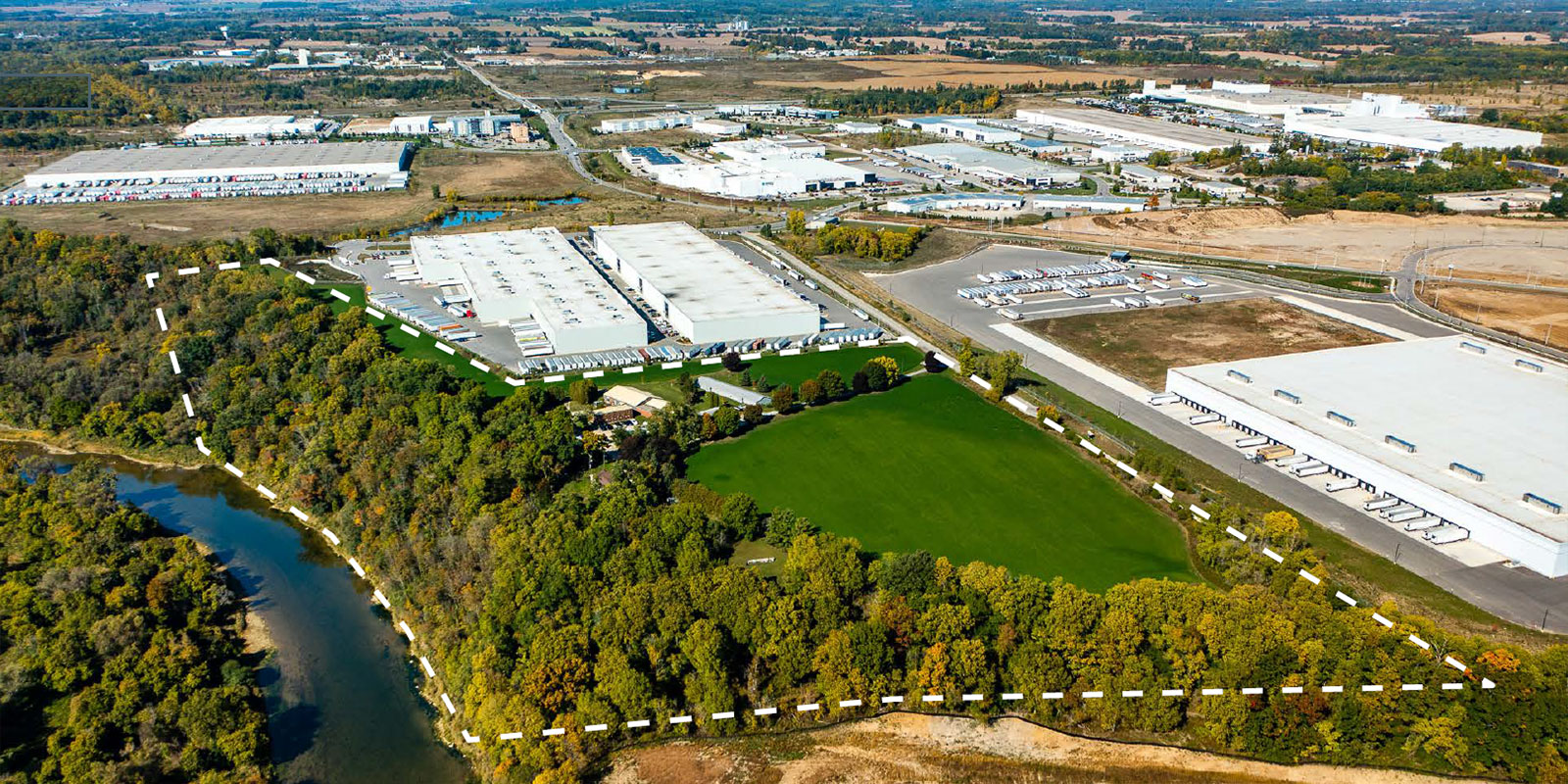 arial of industrial property available at 185 Oak Park Road in Brantford