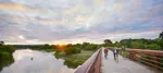 family biking on a bridge over the Grand River
