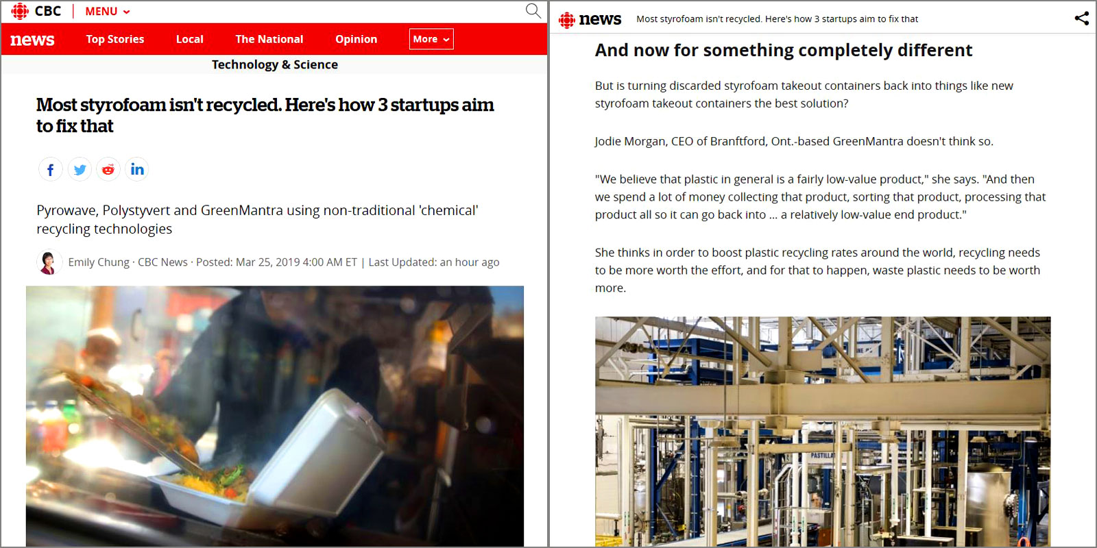 screen captures of CBC news article featuring GreenMantra