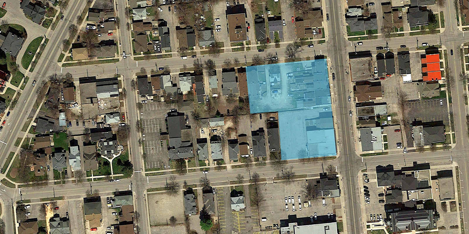 aerial of the proposed site at Chatham and Market Streets in Brantford